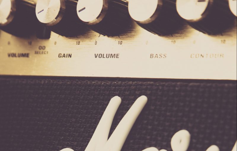 Close-up of volume and gain dials on a Marshall amplifier