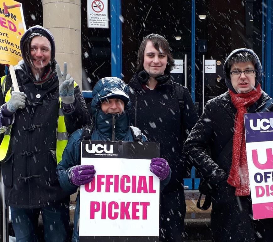 Me and three colleagues standing on the picket line in the snow