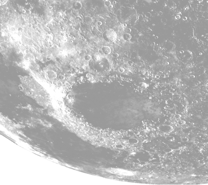 Section of a photo of the moon, showing craters and dark patches of rock